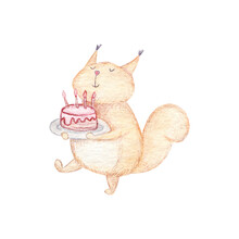 Cute Squirrel With A Party Cake And Candles. Happy Birthday Watercolor Card On White Background