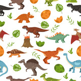 Fototapeta Dinusie - pattern with dinosaurs and tropical leaves, textile, nursery wallpaper. Cute dino design. Vector illustration