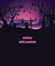 Halloween Nightmare Landscape. Cartoon Spooky Halloween Cemetery Landscape Background, Old Tombstones Bats And Scary Tree, Misty Forest