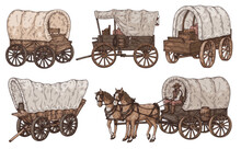 Cart Vehicle With Horses In Western Style, Colored Sketch Vector Illustration Isolated On White Background.
