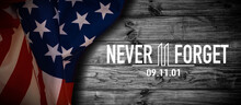 9.11 Patriot Day Logo With Twin Towers On American Flag. USA Patriot Day Banner. September 11, 2001. We Will Never Forget. World Trade Center.Vector Design Template With Red And Blue Colours
