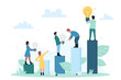 © Flash Vector - Idea development, success solutions of innovation and strategy. Cartoon tiny business people develop ideas, leader standing on top of chart holding bright light bulb flat vector illustration. concept