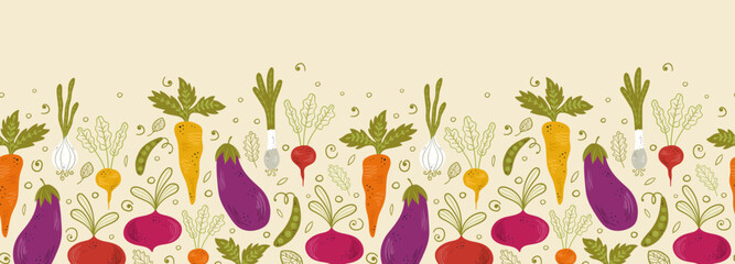 Lovely hand drawn vegetables seamless pattern, healthy doodle background with carrots, eggplants, onions - vector design