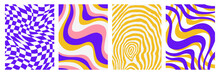 Set Of Colorful Abstract Backgrounds. Patterns With Distorted Shapes, Wavy Strips And A Checkered Pattern. Retro Style. Modern Vector Illustration For Posters, Invitations, Labels, Covers, Postcards