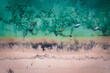 Luftaufnahme von vier Fischerbooten am Strand in Sansibar
