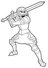 A male knight stands in a fighting pose holding a sword at the ready in his hands, he is drawn in the style of anime and manga, he has a beard, he is wearing heavy armor, an outline drawing coloring