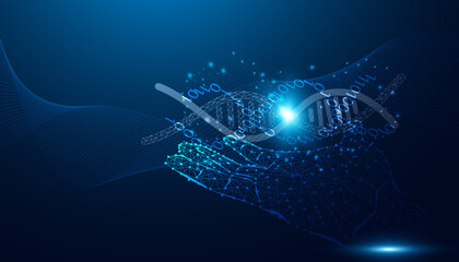 Wall Mural - Abstract, hand, holding, dna, gene editing, science, concept, genetic editing use modern technology ai medicine gene experiment medicine human health on blue background futuristic