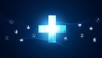 Wall Mural - abstract health plus symbol with icons background concept health icons on blue background modern futuristic medical treatment disease