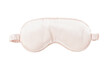 © Bougie Banana - Pink satin eye sleeping mask isolated on white background. Insomnia and sleeplessness disorder concept. Close up, copy space, flat lay. Accessories for girls and women