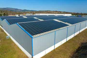Wall Mural - Aerial view of blue photovoltaic solar panels mounted on industrial building roof for producing green ecological electricity. Production of sustainable energy concept