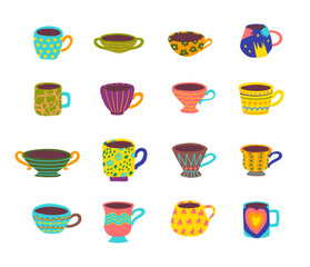 Canvas Print - Cartoon Color Tea or Coffee Vintage Cups Icons Set Flat Design Style. Vector illustration of Cup Icon