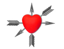 Bow Arrows Penetrating A Red Heart Shape On White
