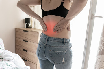 Pregnant back pain. Beautiful pregnancy woman suffer from back pain. Backache, ache health care concept.