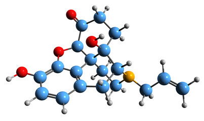 Poster -  3D image of Naloxone skeletal formula - molecular chemical structure of competitive opioid receptor antagonist isolated on white background