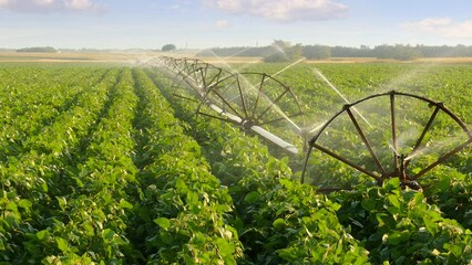 Wall Mural - Irrigation system on agricultural soybean field helps to grow plants in the dry season. Landscape rural scene beautiful sunny day