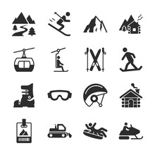 Ski Resort Icons Set. Recreation In The Snowy Mountains, Skiing And Snowboarding. Monochrome Black And White Icon.