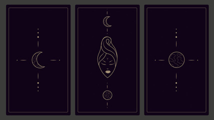 Magic occult cards for divination. Vintage hand drawn mystical tarot cards, magic symbols of the moon, planet, seer, stars, magic occult cards vector illustration set. Esoteric, astrological elements