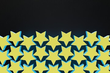 Poster - abstract background. patterns of yellow stars with a beautiful blue neon rim on a black background with space to place products or text. 3d illustration. 3d render