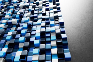 Poster - abstract background. illuminated white, grey, black and blue squares arranged in a checkerboard pattern on a gray illuminated background. 3d illustration. 3d render