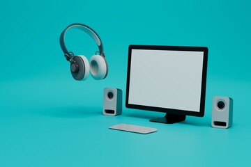 Fototapete - modern technology. work, study online. workplace at the computer. monitor, keyboard, computer mouse, large headphones and stereo speakers on a turquoise background. 3d illustration. 3d render