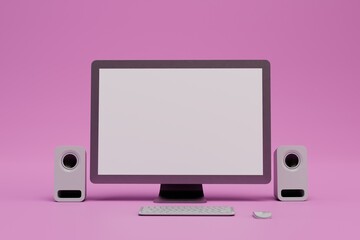 Fototapete - modern technology. work, study online. workplace at the computer. monitor, keyboard, computer mouse and stereo speakers on a purple background. 3d illustration. 3d render