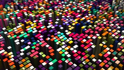 Poster - Rainbow animated background. Color chaotically moving pistons. Glowing 3d rectangles. Musical wave. Mechanical blocks. Puzzle, mosaic. Maze.  Screensaver for games, presentations, business, intro. 4k 