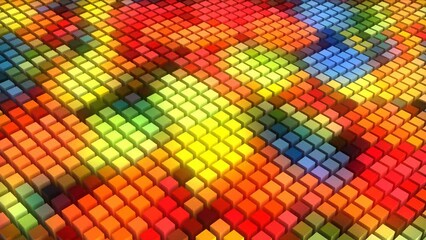 Aufkleber - Color glow animated background. Wave motion of 3d rectangles, rhombuses, cubes. Rainbow mosaic, puzzle. Grid field. Sound membrane. Screensaver for games, logo, technology, business, presentations. 4k