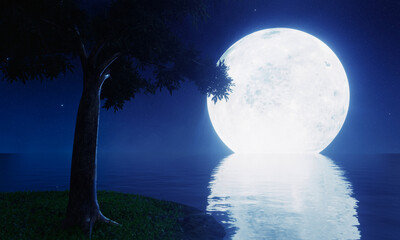 Wall Mural - full moon blue tones Reflection on the surface of the sea or ocean. Big trees on small islands in the middle of the sea are shadows. Silhouettes against the background of a super moon. 3D rendering