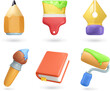Art 3d vector icon set. Brushes and paint, pencil, fountain pen, book