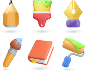 Art 3d vector icon set. Brushes and paint, pencil, fountain pen, book