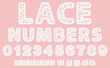 Set of white lace numbers isolated on pink background. Abc Lacy font and pattern brush border for label. Alphabet cute lace symbols for design gift card or elegant invitation