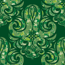 Seamless Green Damask Pattern. Rich Ornament With Foliage Texture Old Damascus Style Ornament For Wallpapers, Textile, Packaging, Design Of Luxury Products