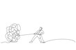 Cartoon of businessman trying to unravel tangled rope or cable. Single continuous line art style