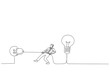 Cartoon of businessman trying to unplug the light bulb brain, sabotage, killing creativity metaphor. Single continuous line art style