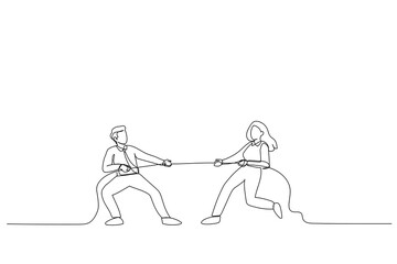 Drawing of Tug of war. Man and woman are pulling rope. Business competitive metaphor. Single line art style