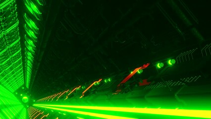 Aufkleber - Tunnel with technological neon details. Motion. Spaceship-style tunnel with neon details. Duct of ventilation system in futuristic style