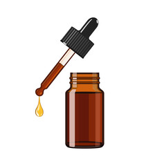 Wall Mural - Brown glass essential oil bottle with pipette and oil drop, vector illustration isolated on white background