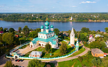 Summer Aerial View Of Orthodox Cathedral Of Resurrection, Monument Of Medieval Church Architecture In Small Russian Town Of Tutayev On Banks Of Volga River, Yaroslavl Oblast