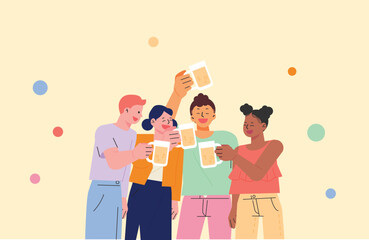 Wall Mural - friends get together and have fun drinking beer. flat design style vector illustration.