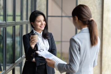 Poster - Confident focused businesswoman, teacher or mentor coach speaking to business people at negotiations, woman leader speaker applicant talking at meeting or convincing hr during job interview concept