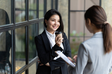 Poster - Confident focused businesswoman, teacher or mentor coach speaking to business people at negotiations, woman leader speaker applicant talking at meeting or convincing hr during job interview concept