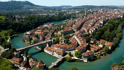 Sticker - Panoramic aerial view over the city of Bern in Switzerland from above - the capital city - travel photography