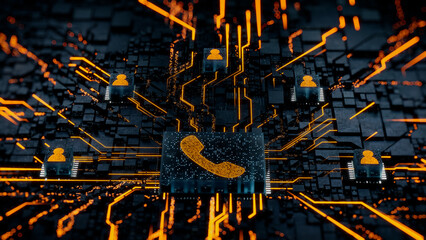 Communication Technology Concept with phone symbol on a Microchip. Orange Neon Data flows between Users and the CPU across a Futuristic Motherboard. 3D render.