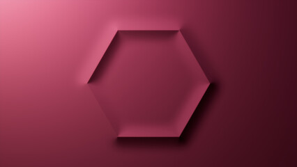 Minimalist Background with Embossed 3D Shape. Maroon Gradient Surface with Raised Hexagon. 3D Render.