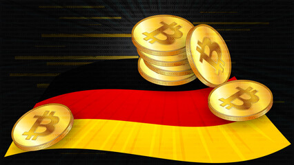Wall Mural - Stacks of gold coins of Bitcoin BTC on colored flag of Germany on dark digital background. Central Bank of Deutschland adopts laws on digital assets CBDC.