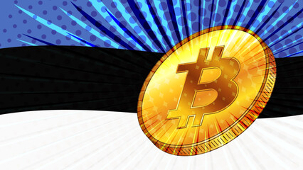 Wall Mural - Gold coin of Bitcoin BTC and colored flag of Estonia on background. Central Bank of Estonia adopts laws on mining and digital assets.