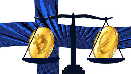 Canvas Print - Gold coin of Bitcoin BTC and Euro EUR on scales and colored flag of Finland on background. Central Bank of Finland adopts laws on digital assets CBDC.
