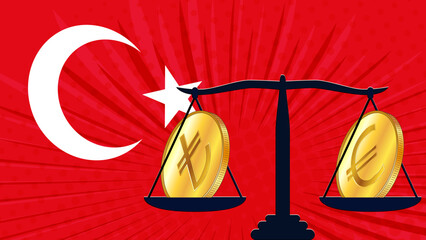 Canvas Print - Gold coin of Turkish lira TRY and Euro EUR on scales and colored flag of Turkey on background. Central Bank of Turkey adopts laws on digital assets CBDC.