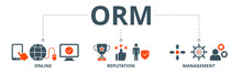 ORM Banner Web Icon Vector Illustration Concept For Online Reputation Management With Icon Of Internet, Browser, Winner, Trust, Favorite, And Business