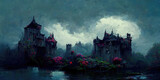 fabulous Gothic castle surrounded by flowers, a castle by the river in the evening twilight. 3d illustration